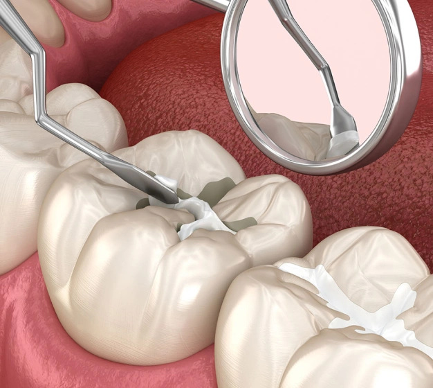 Dental professional examining tooth model with mirror in clinical setting.