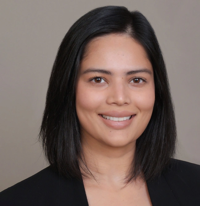 Professional headshot of a smiling woman with long dark hair against a neutral gray background.