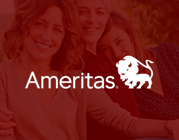 Ameritas logo with white text on red background featuring smiling family portrait