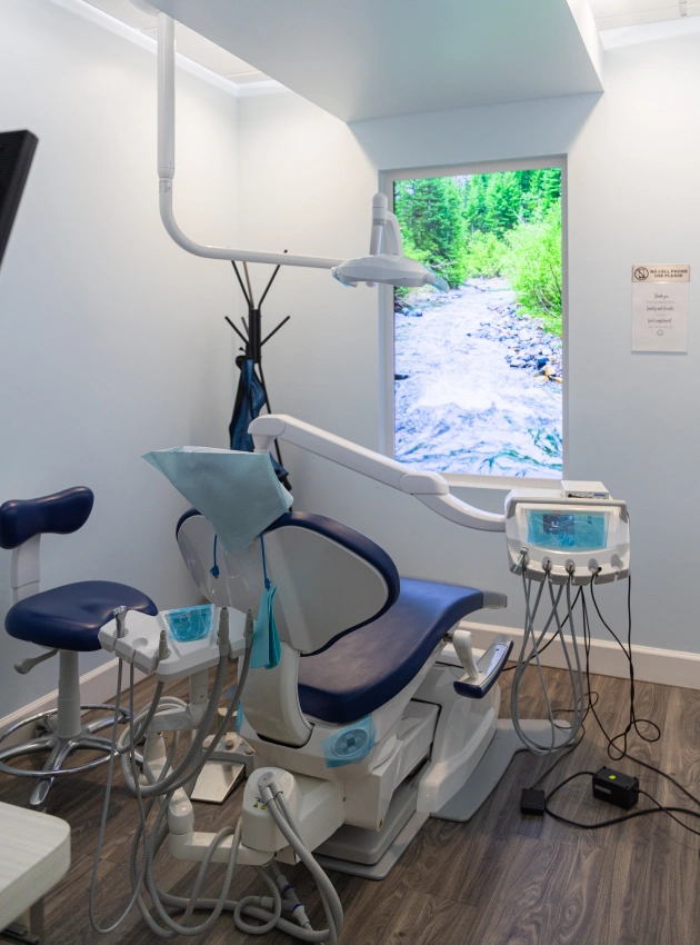 Modern dental treatment room with blue chair, equipment, and window overlooking garden area.