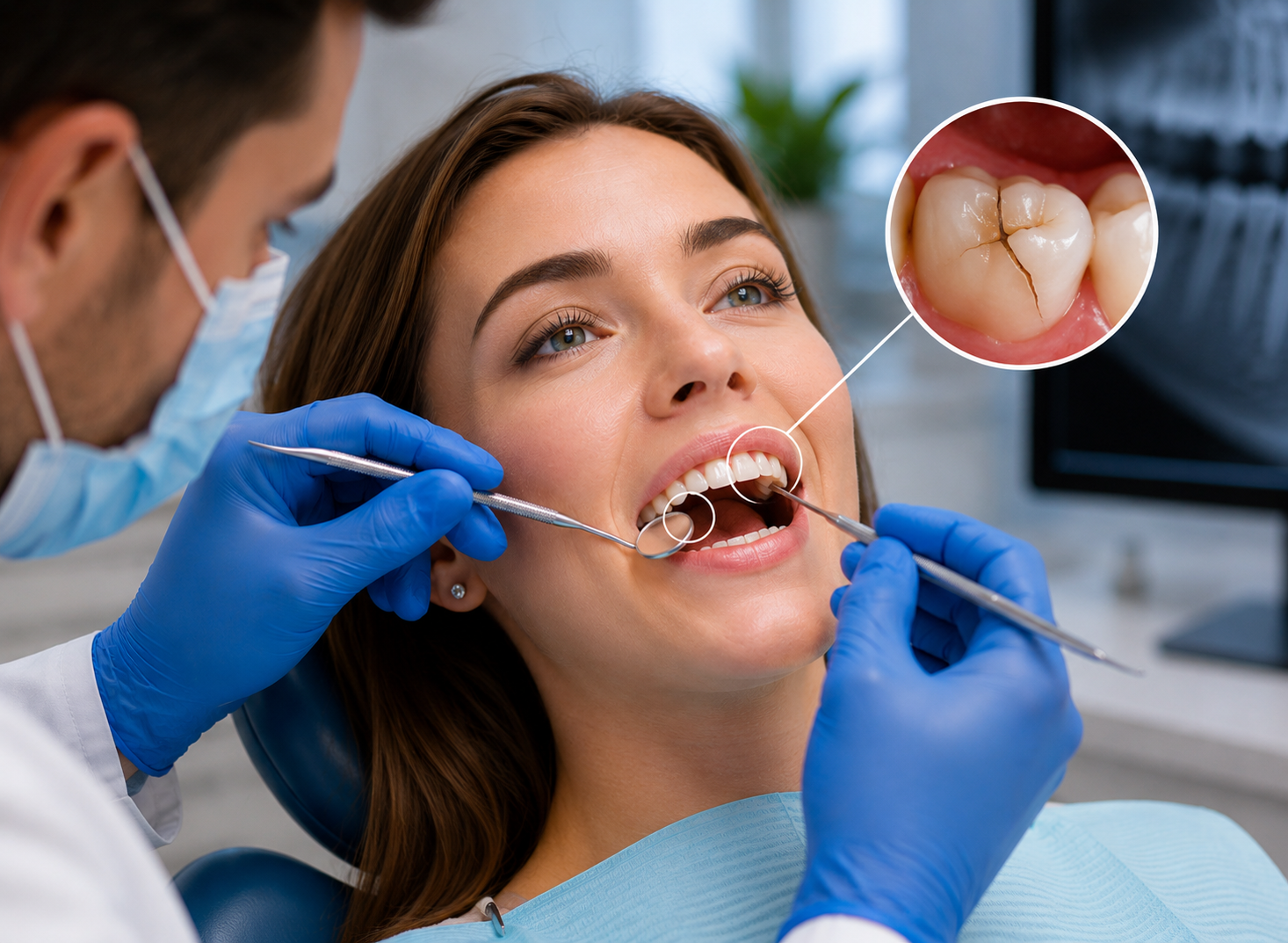 Dental professional inspecting a cracked tooth to determine the best cracked tooth repair treatment